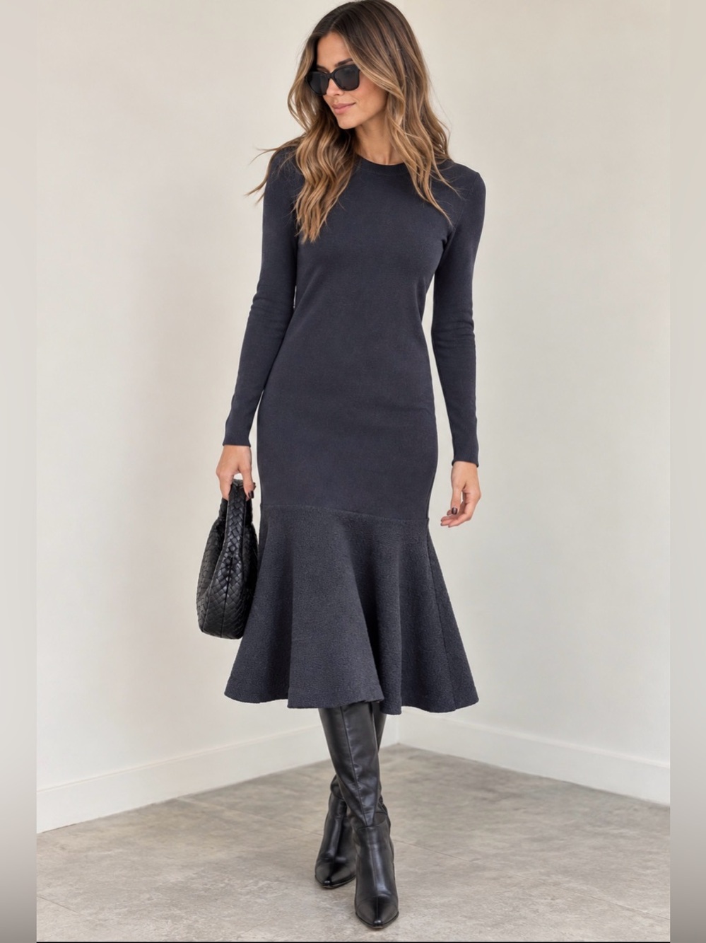 COS Wool Knit Midi Dress XS Navy Blue Drop Waist Flared Mermaid Minimalist